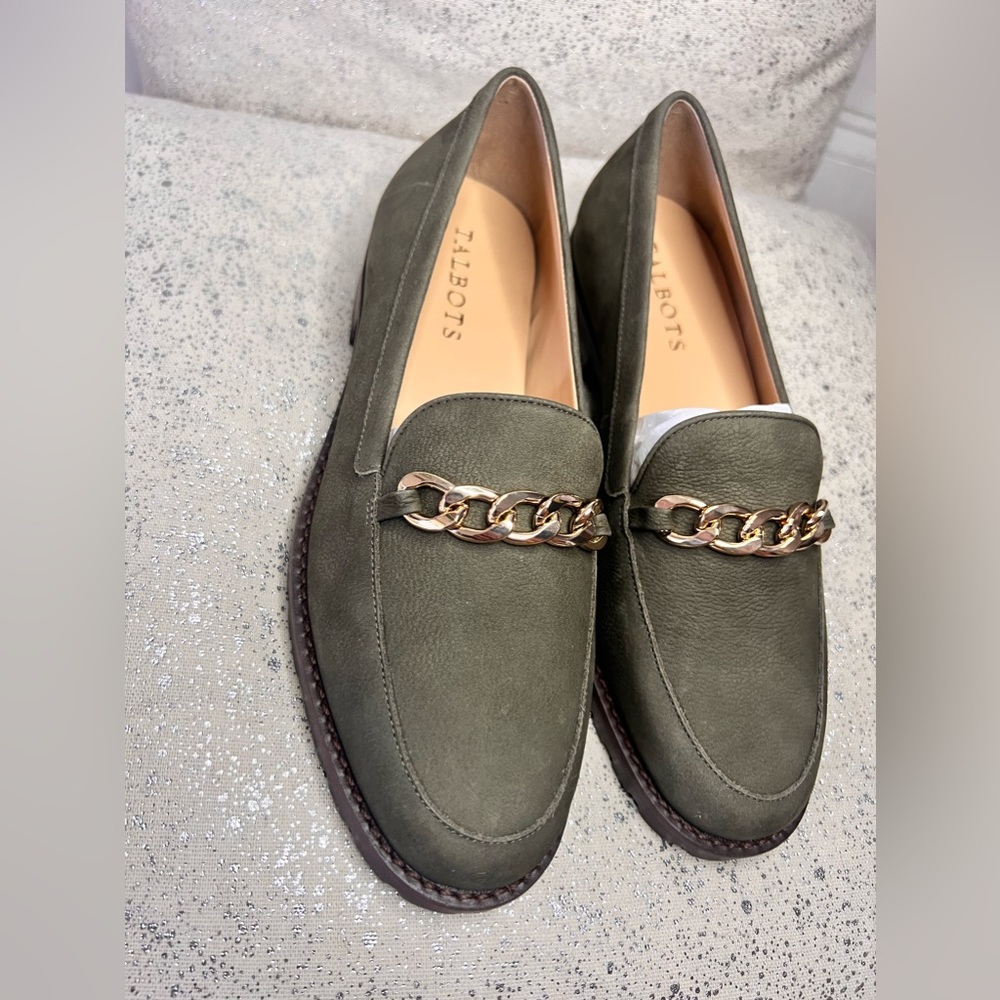 Olive Green Pebbled Leather Loafers with Gold chain link
